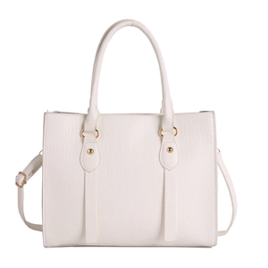 White faux leather tote bag with crocodile pattern and golden metal buckles on white background