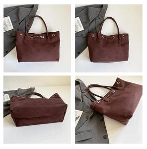 Detailed views of a dark burgundy faux suede tote bag with drawstring and silver hardware
