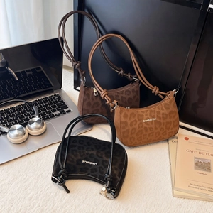 Leopard Print Underarm Bag Vintage Faux Suede Hobo Bag With Knot Strap Zipper Closure Matte Fashion Handbag For Women