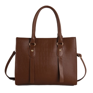 Brown crocodile pattern tote bag with golden hardware and adjustable strap for women