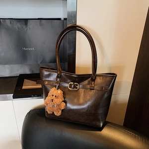 Dark brown large tote bag with retro matte leather and plush bear charm for women