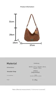 Sac à épaule en velours côtelé marron 37x28x10cm avec pendentif ours et bandoulière