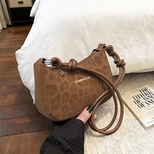 Brown leopard print underarm bag with knot strap and Creative Cat text for women