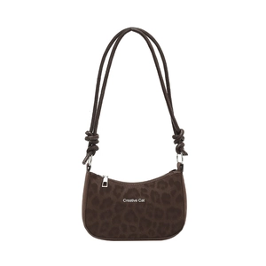 Fashionable brown leopard print underarm bag for women with Creative Cat text design