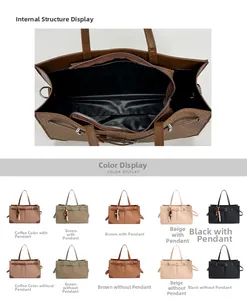 Detail view of large faux suede tote bag inner zipper pocket and five color options