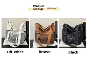 Three-color view of canvas tote bags with adjustable wide straps and drawstring closure