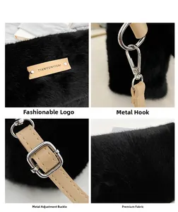 Détail du sac en peluche noir avec logo en cuir et attaches en métal argenté