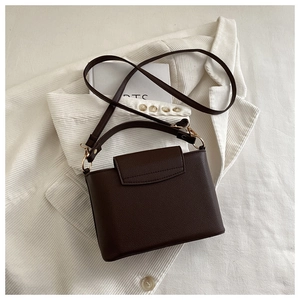 Detail view of dark brown lychee grain leather handbag with gold metal hardware and strap