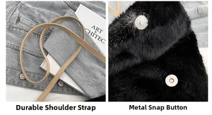 Détail de la bandoulière en PU et du fermoir magnétique en métal sur un sac en peluche