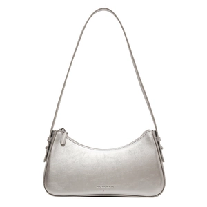 Minimalist silver metallic baguette shoulder bag with slim strap and streamlined design