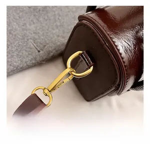Detailed close-up of golden lobster clasp and D-ring on dark brown leather handbag