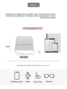 Quilted flap bag size details: 31x18x9cm with gold chain strap and internal capacity chart