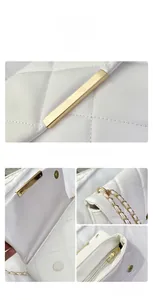 Detail view of white quilted shoulder bag with gold chain strap and magnetic closure