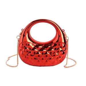 Glossy red acrylic evening bag with rhombus patterns and a round hollow handle