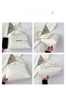 Detailed views showing the front side and bottom of a white quilted chain crossbody bag
