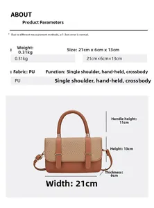 Size guide for PU leather crossbody bag showing dimensions 21x13x6cm and 0.31kg weight