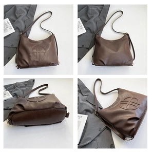 Dettaglio borsa shopper vintage marrone scuro con pelle sintetica e logo in quattro viste