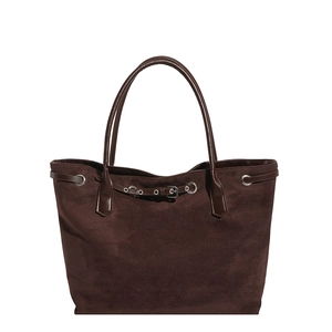 Large dark brown suede tote bag with leather straps and silver metal buckle accents