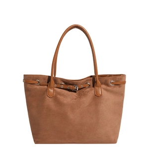 Retro brown large capacity tote bag in frosted suede with smooth leather shoulder straps
