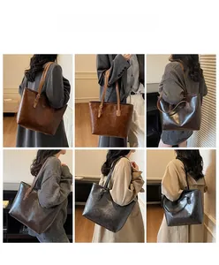Detailed views of vintage leather tote bags in caramel, dark brown, and black finishes