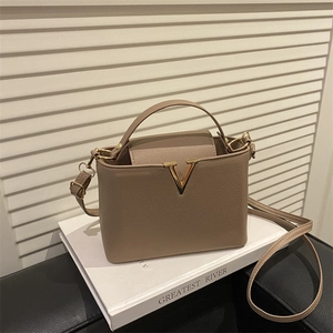 Large capacity taupe handbag with litchi pattern and gold V detail for winter fashion