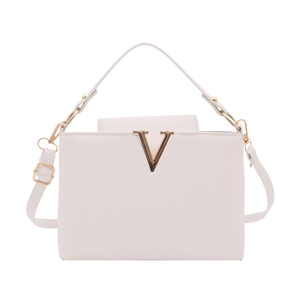 White minimalist square tote bag with gold V hardware and adjustable shoulder strap