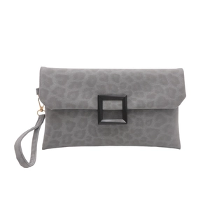 Minimalist grey leopard print envelope clutch bag with black buckle and wrist strap