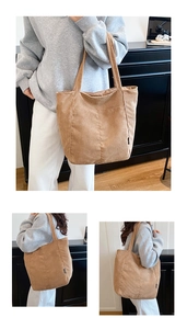 Detail of khaki corduroy tote bag showing ribbed texture and exterior patch pocket