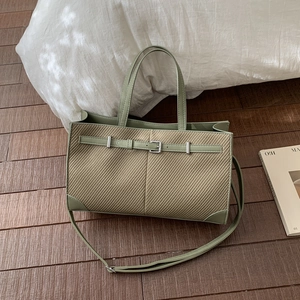 Retro light green faux leather and woven large capacity tote bag with adjustable strap