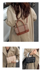 Detailed views of crossbody bags in brown, white and black with woven texture details