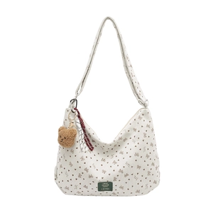 Grand sac fourre-tout en velours côtelé beige avec motifs nœuds et charm ours marron