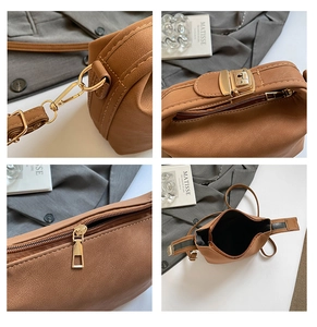 Detailansichten der braunen Ledertasche mit goldenen Beschlägen und geräumigem Innenraum