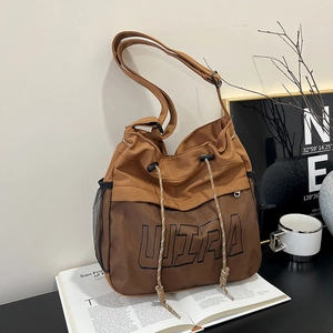 Women Large Capacity Nylon Messenger Bag With Mesh Splicing And Letter Print Versatile Urban Drawstring Shoulder Tote Bag