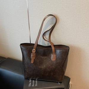 Vintage large capacity dark brown faux leather tote bag with adjustable shoulder strap