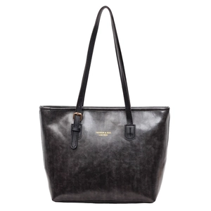 Retro black oil wax leather tote bag with gold lettering and adjustable shoulder straps