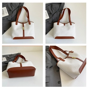 Four-angle view of a woven tote bag with brown leather trim and metal buckle closure