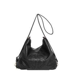 Borsa tote nera minimalista capiente con logo goffrato e trama in pelle martellata