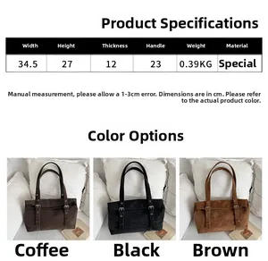 Size guide for vintage suede tote bag showing dimensions and colors brown and black