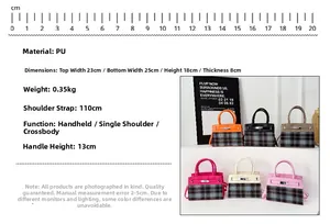 Detail view of plaid PU leather handbag showing dimensions 25x18x8cm and crossbody strap