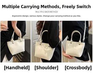 Three-way carry modes of glossy white leather tote bag with unique knot detail handles