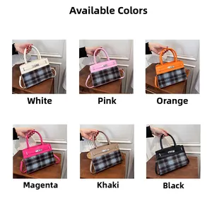 Close-up of elegant Kelly-style square bags in six colors with leather and plaid stitching