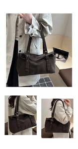 Detail view of deep coffee vintage faux suede tote bag with stylish buckles and silver hardware