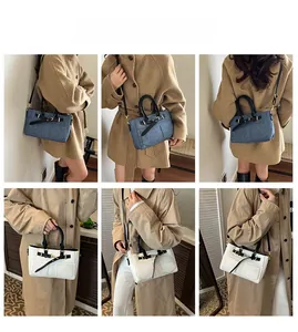 Detail shots showing blue denim and white minimalist Kelly bags with black straps