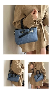 Detailed views of a blue denim shoulder bag with black straps and golden hardware details