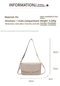 Detailed spec sheet showing grey PU baguette bag dimensions and peanut metal buckle