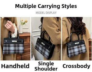 Three ways to wear the plaid crossbody bag shown in hand, shoulder, and crossbody styles