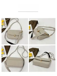 Detailed four-way view of a beige crossbody bag with a gold peanut-shaped metal buckle
