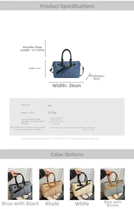 Detailed view of large capacity denim tote bag with dimensions and multi-color options