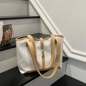 Vintage Woven PU Leather Tote Bag For Women Large Capacity Shoulder Bag With Metal Lock Color Block Commuter Handbag