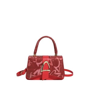 Classic red printed leather crossbody bag with elegant gold D-shaped buckle and top handle